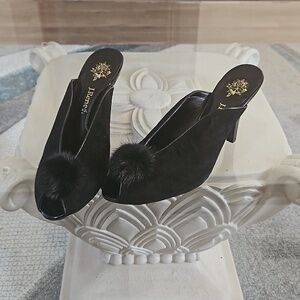 Jrenee suede peep-toe mules. Size 9.5m, black with furry pom poms.